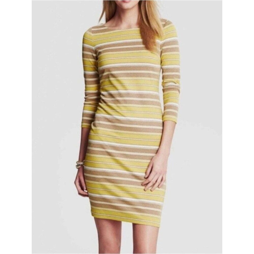 Banana Republic Midi Sheath Dress Striped Gold Yellow White Size 8